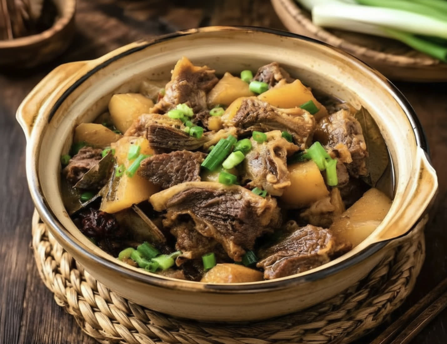 You Yi’s clay pot of braised beef brisket with radish and scallion — styled presentation of the restaurant’s dish.