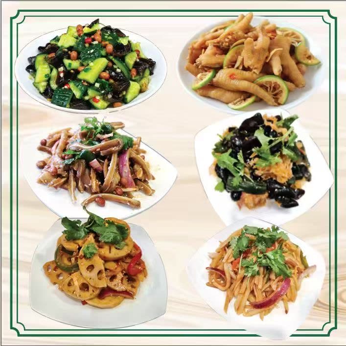 A menu collage of six of You Yi’s cold dishes — cucumber and black fungus, chicken feet, pig ear, black and white fungus, lotus root, and shredded potato.